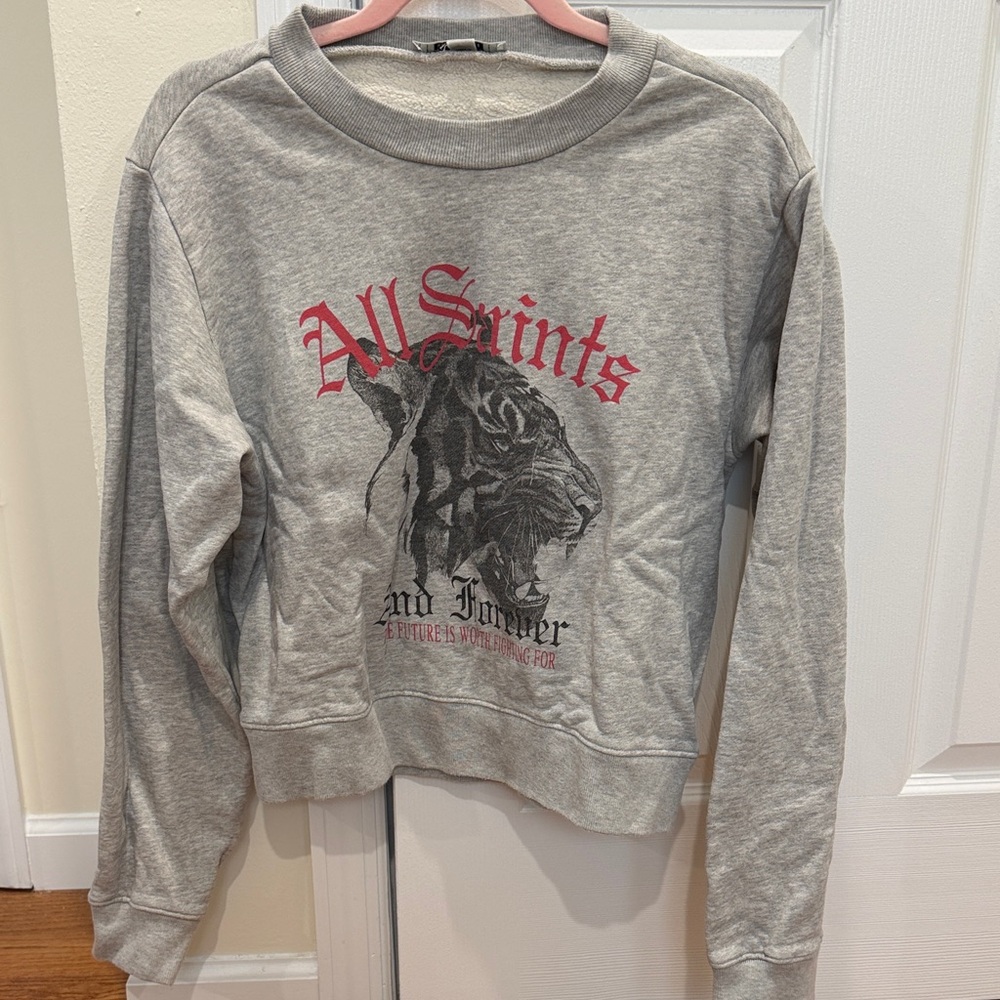 All Saints Heather Gray Crewneck Sweatshirt with Red Graphic